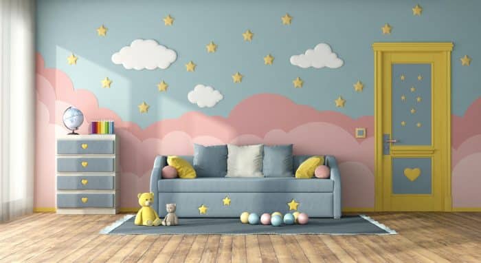 Colorful children room with sofa bed